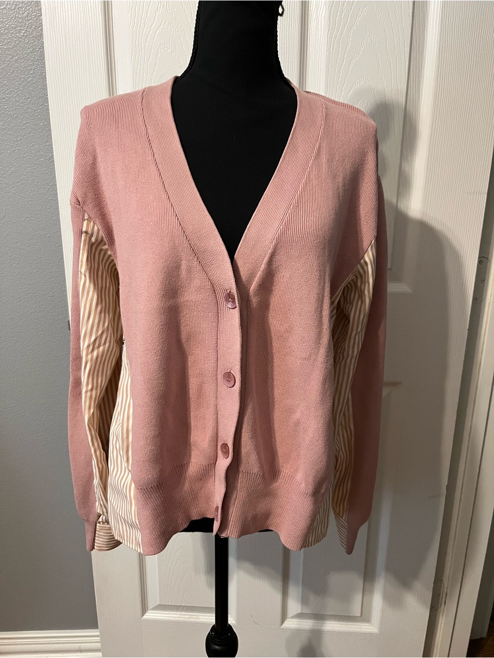 English Factory Dusty Pink V-Neck Button Cardigan with Striped Side Panels